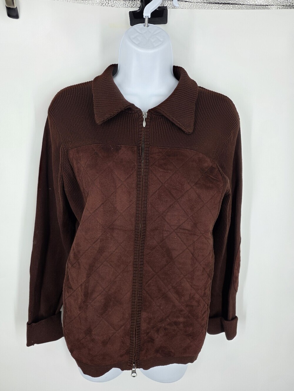 Austin Reed Vintage Women M Brown Quilted Suede Ribbed Knit Full Zip Sweater